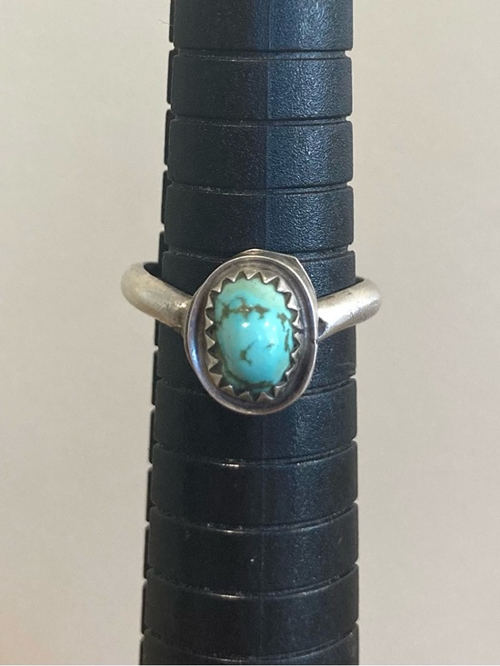 Silver Tone Sawtooth Bezel with Turquoise Colored Stone Ring Approx 5.5 Size - Picture 10 of 14